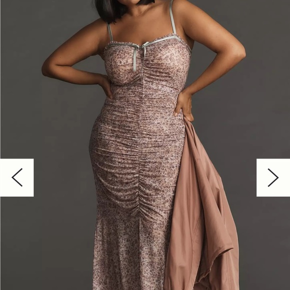 Anthropologie Sheer Mesh Midi Dress Size Large | Bodycon Ruched - Picture 8 of 16